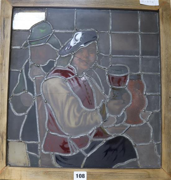 A stained glass panel of topers, overall 48 x 46cm